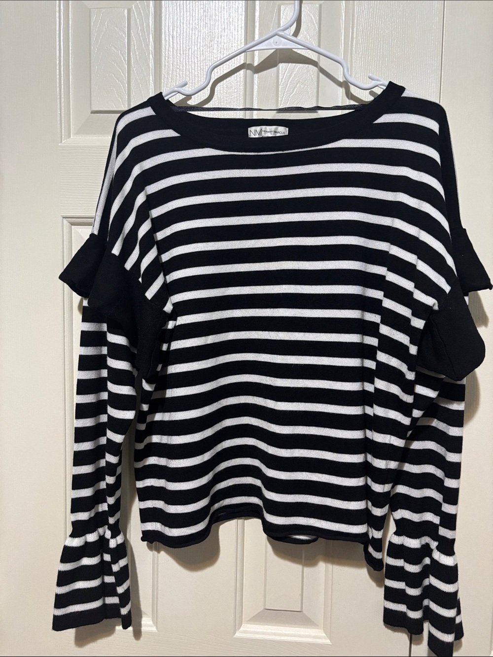Neiman Marcus Black & White Striped Ruffle-Sleeve Knit Top